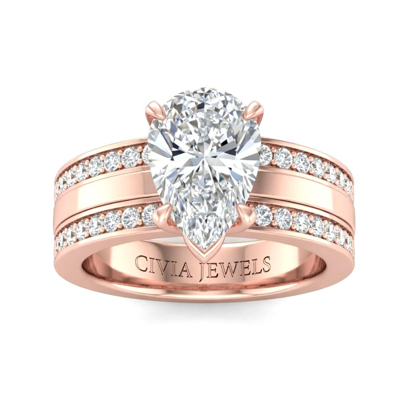 Rose Gold Pear Diamond Multirow Engagement Ring With Four Prong Setting And Pavé Side Bands