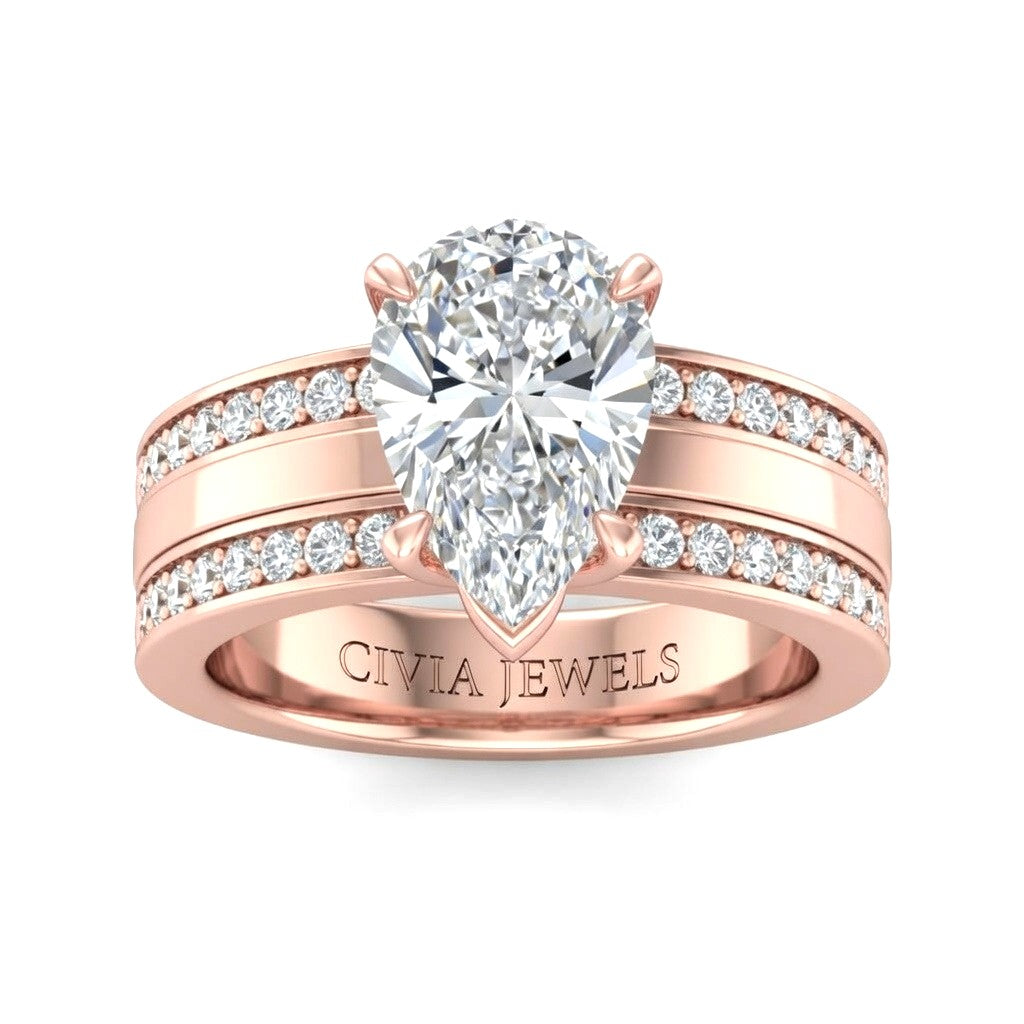 Rose Gold Pear Diamond Multirow Engagement Ring With Four Prong Setting And Pavé Side Bands