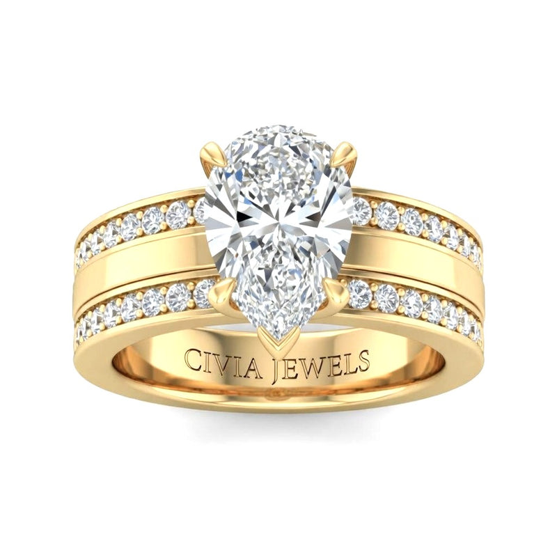 Yellow Gold Pear Diamond Multirow Engagement Ring With Four Prong Setting And Pavé Side Bands