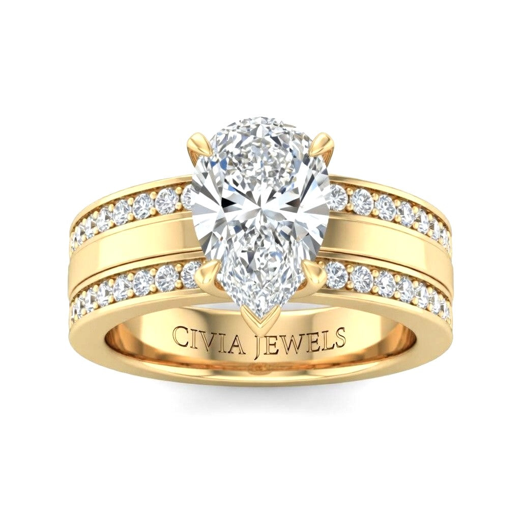 Yellow Gold Pear Diamond Multirow Engagement Ring With Four Prong Setting And Pavé Side Bands