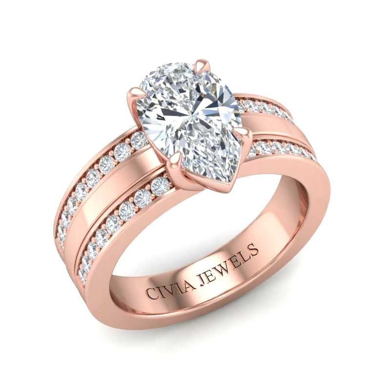 Rose Gold Pear Diamond Multirow Engagement Ring With Four Prong Setting And Pavé Side Bands