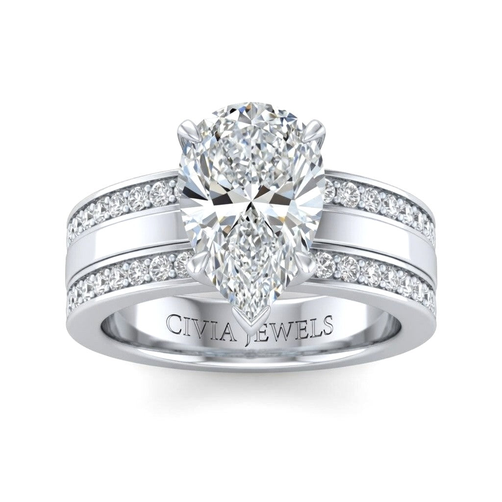 White Gold Pear Diamond Multirow Engagement Ring With Four Prong Setting And Pavé Side Bands
