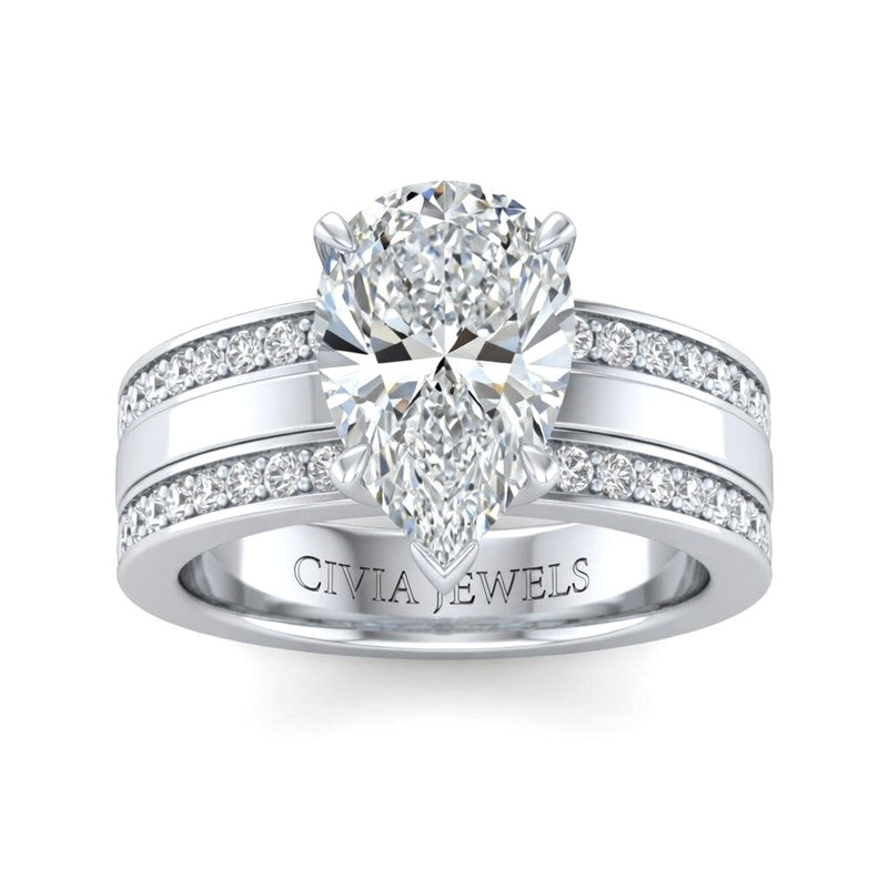 Silver Pear Diamond Multirow Engagement Ring With Four Prong Setting And Pavé Side Bands