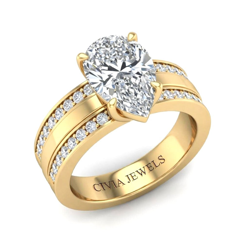Yellow Gold Pear Diamond Multirow Engagement Ring With Four Prong Setting And Pavé Side Bands