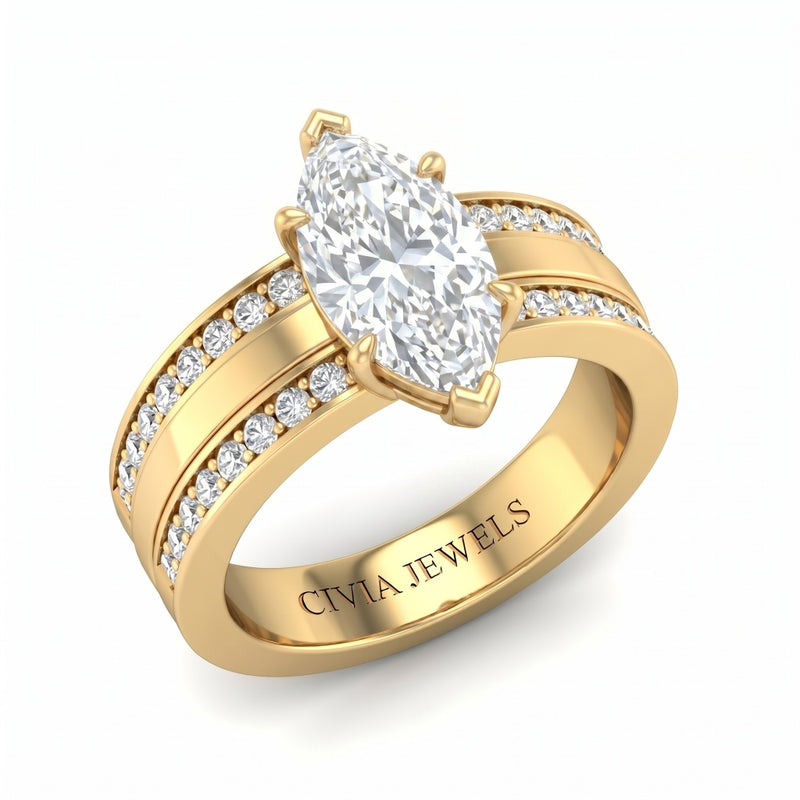 Yellow Gold Marquise Diamond Multirow Engagement Ring With Four Prong Setting And Pavé Side Bands