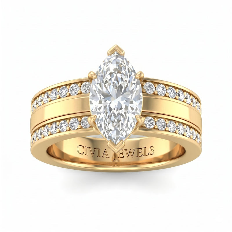 Yellow Gold Marquise Diamond Multirow Engagement Ring With Four Prong Setting And Pavé Side Bands