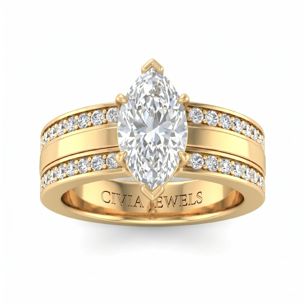 Yellow Gold Marquise Diamond Multirow Engagement Ring With Four Prong Setting And Pavé Side Bands