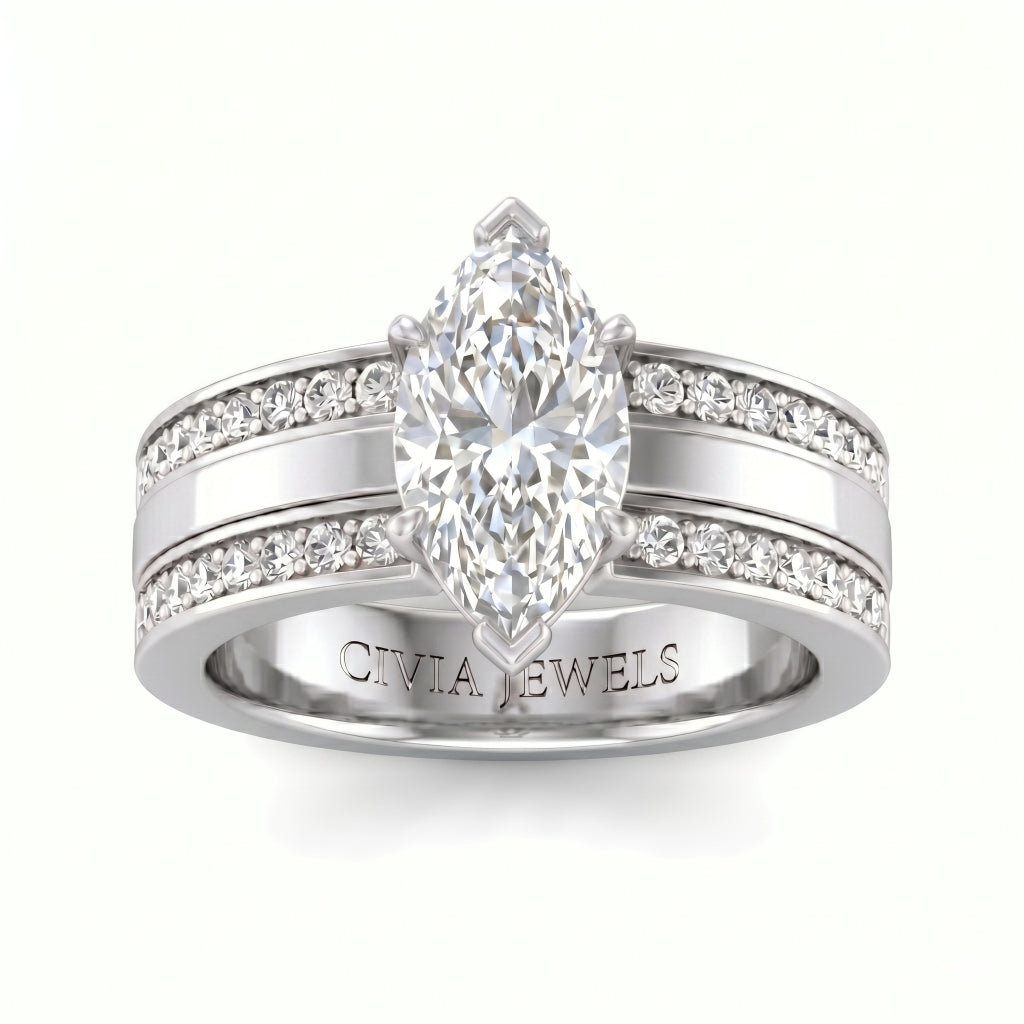 White Gold Marquise Diamond Multirow Engagement Ring With Four Prong Setting And Pavé Side Bands