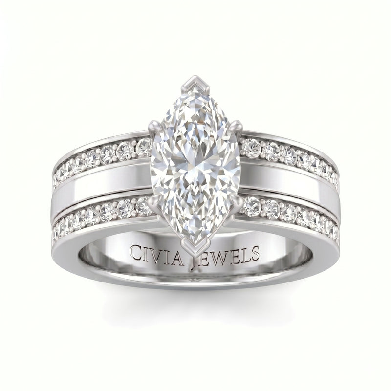 Silver Marquise Diamond Multirow Engagement Ring With Four Prong Setting And Pavé Side Bands