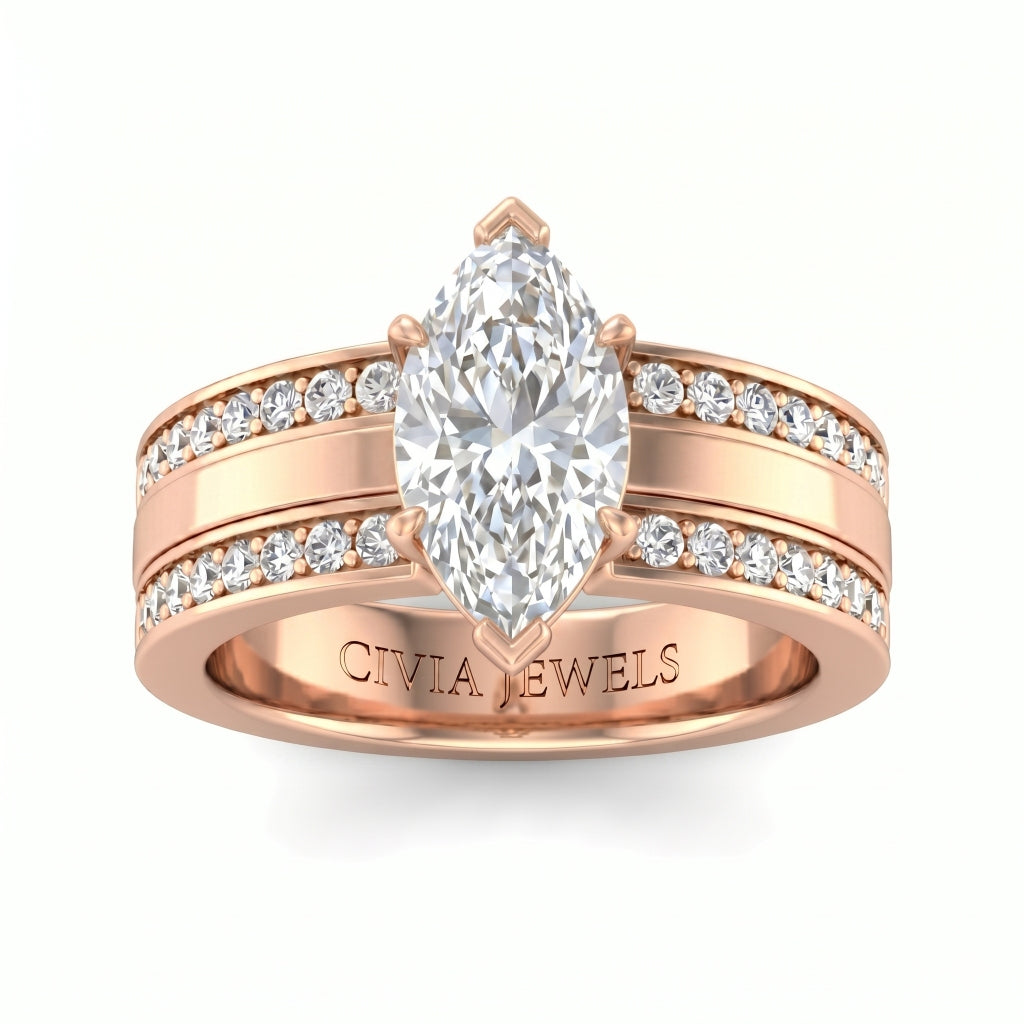 Rose Gold Marquise Diamond Multirow Engagement Ring With Four Prong Setting And Pavé Side Bands