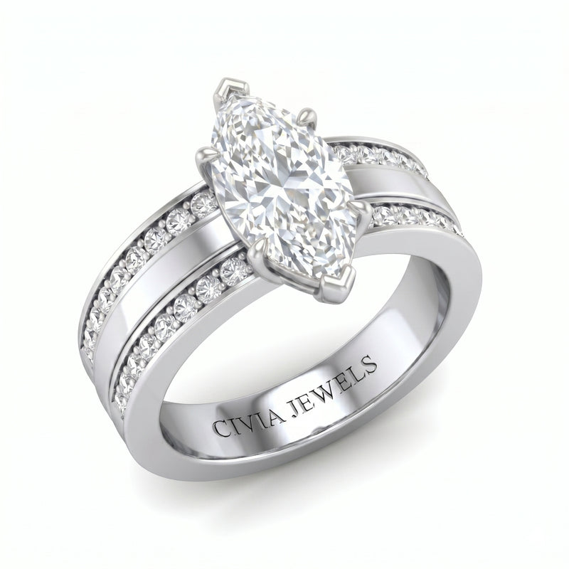Silver Marquise Diamond Multirow Engagement Ring With Four Prong Setting And Pavé Side Bands
