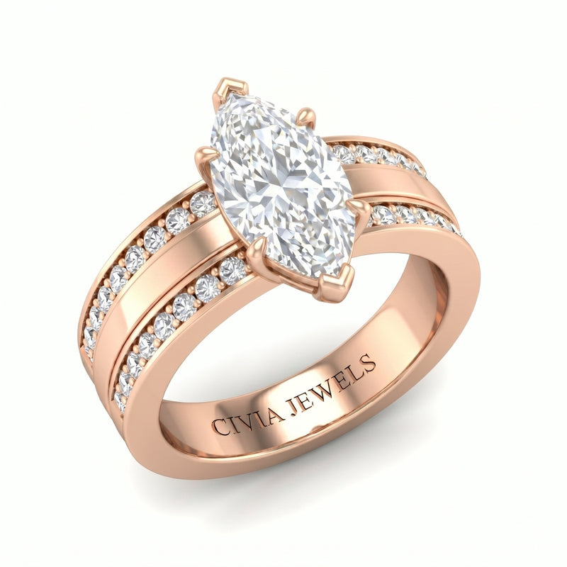 Rose Gold Marquise Diamond Multirow Engagement Ring With Four Prong Setting And Pavé Side Bands
