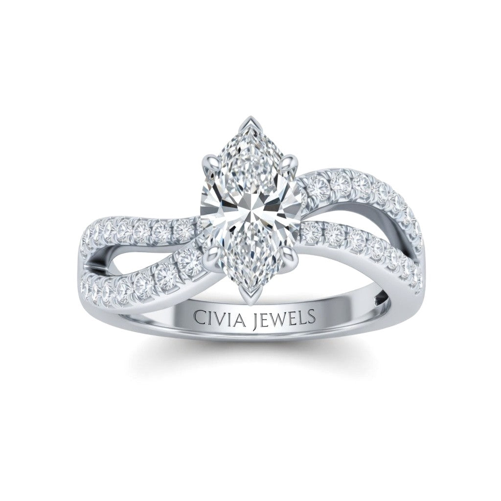 Silver Marquise Diamond Twisted Shank Engagement Ring With Four Prong Setting And Pavé Side Bands
