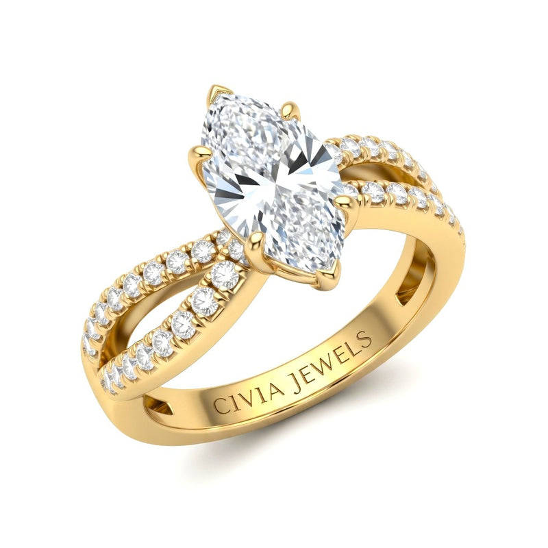Yellow Gold Marquise Diamond Twisted Shank Engagement Ring With Four Prong Setting And Pavé Side Bands