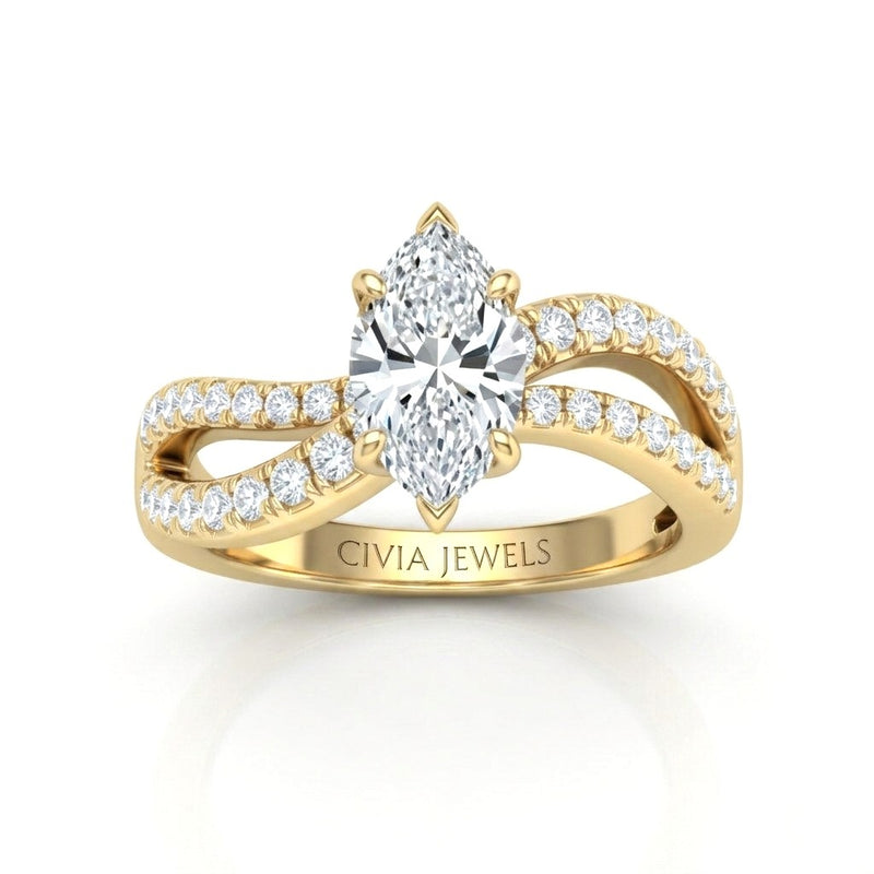 Yellow Gold Marquise Diamond Twisted Shank Engagement Ring With Four Prong Setting And Pavé Side Bands