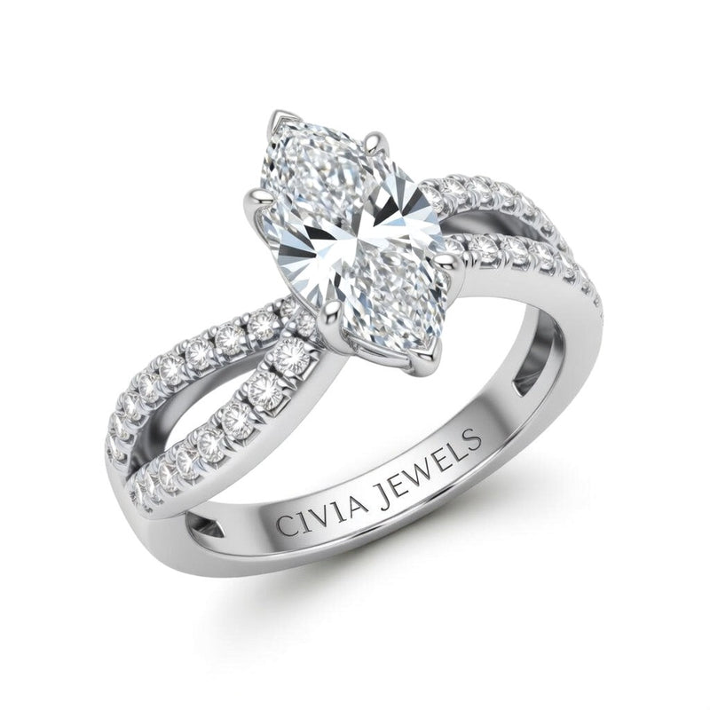 Silver Marquise Diamond Twisted Shank Engagement Ring With Four Prong Setting And Pavé Side Bands