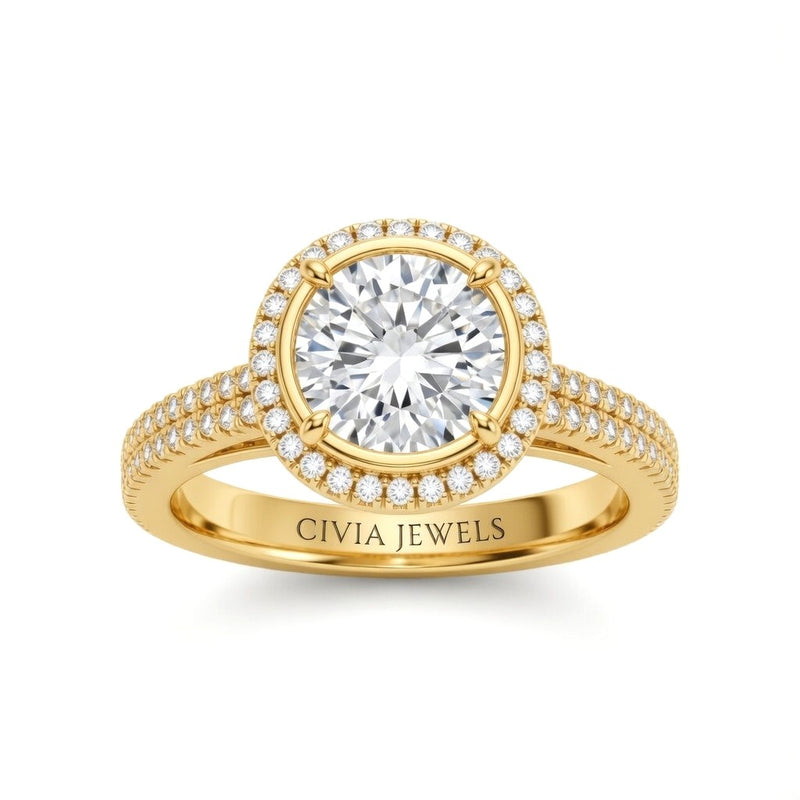 Yellow Gold Round Cut Diamond Halo Engagement Ring With Four Prong Setting And Pavé Band