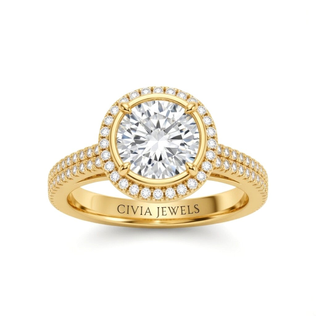 Yellow Gold Round Cut Diamond Halo Engagement Ring With Four Prong Setting And Pavé Band