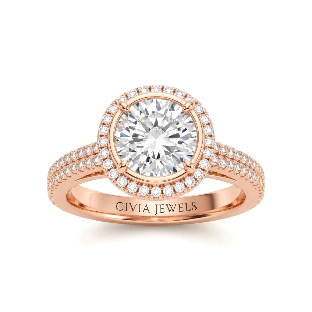 Rose Gold Round Cut Diamond Halo Engagement Ring With Four Prong Setting And Pavé Band
