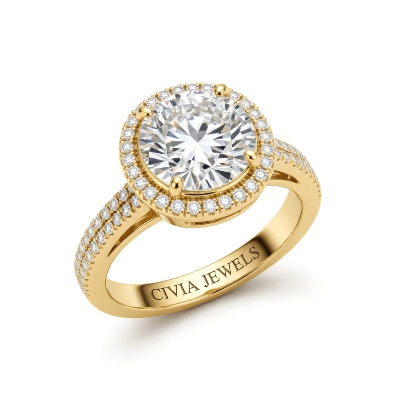 Yellow Gold Round Cut Diamond Halo Engagement Ring With Four Prong Setting And Pavé Band
