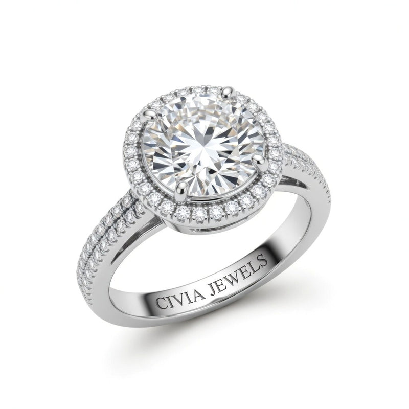 Silver Round Cut Diamond Halo Engagement Ring With Four Prong Setting And Pavé Band