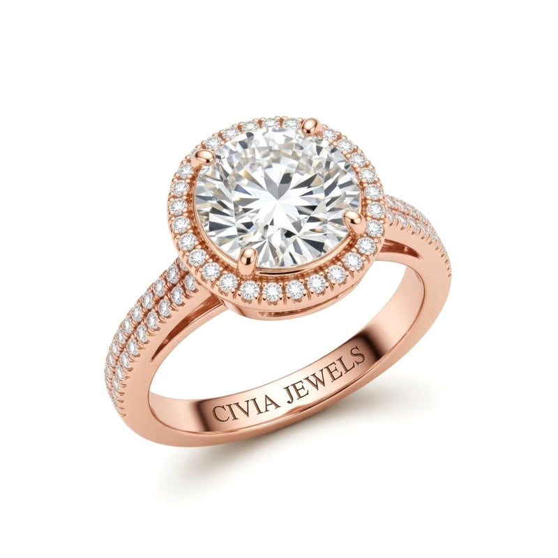 Rose Gold Round Cut Diamond Halo Engagement Ring With Four Prong Setting And Pavé Band