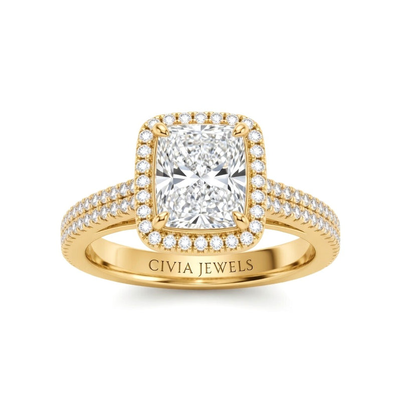 Yellow Gold Radiant Cut Diamond Halo Engagement Ring With Four Prong Setting And Pavé Band