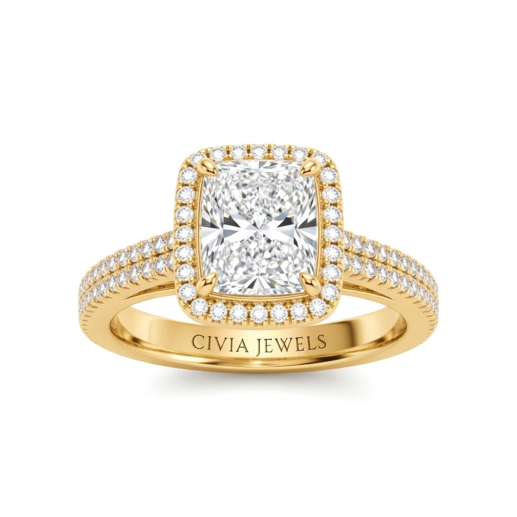Yellow Gold Radiant Cut Diamond Halo Engagement Ring With Four Prong Setting And Pavé Band