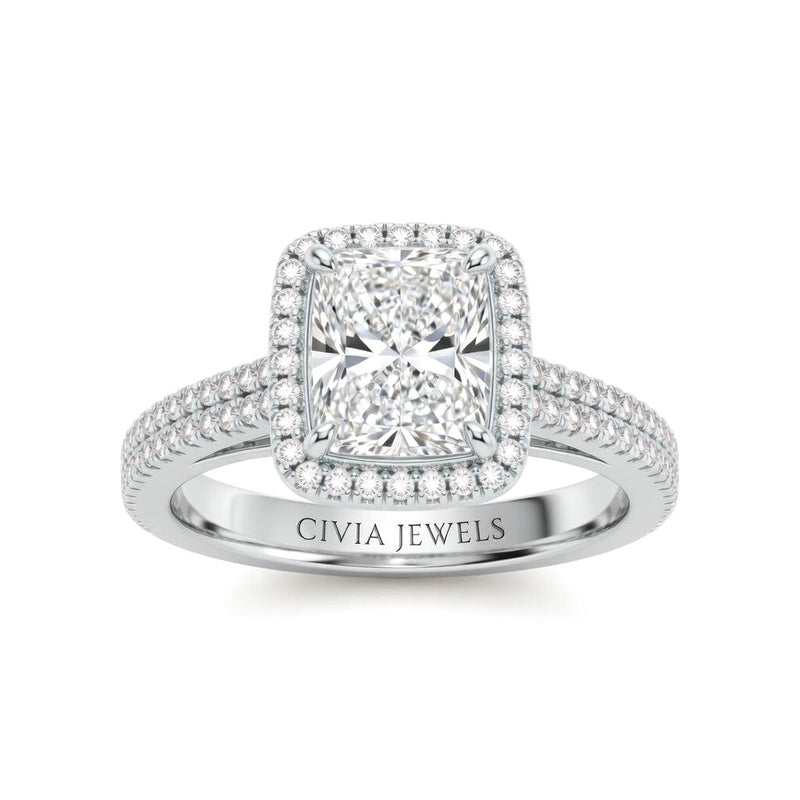 White Gold Radiant Cut Diamond Halo Engagement Ring With Four Prong Setting And Pavé Band