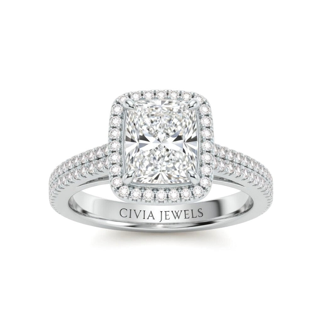Silver Radiant Cut Diamond Halo Engagement Ring With Four Prong Setting And Pavé Band