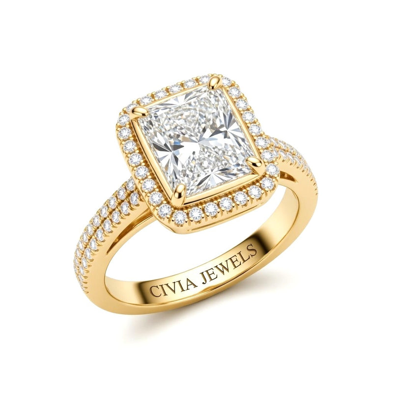 Yellow Gold Radiant Cut Diamond Halo Engagement Ring With Four Prong Setting And Pavé Band