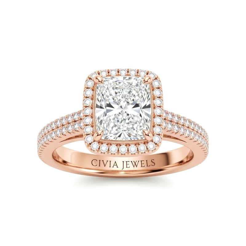 Rose Gold Radiant Cut Diamond Halo Engagement Ring With Four Prong Setting And Pavé Band