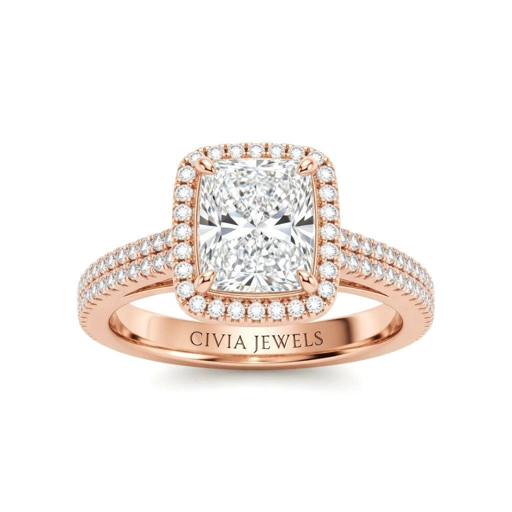 Rose Gold Radiant Cut Diamond Halo Engagement Ring With Four Prong Setting And Pavé Band