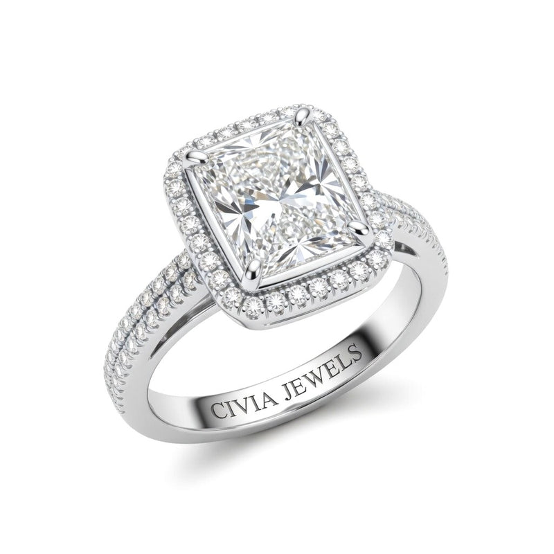 White Gold Radiant Cut Diamond Halo Engagement Ring With Four Prong Setting And Pavé Band