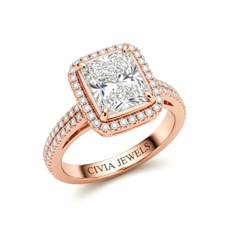 Rose Gold Radiant Cut Diamond Halo Engagement Ring With Four Prong Setting And Pavé Band