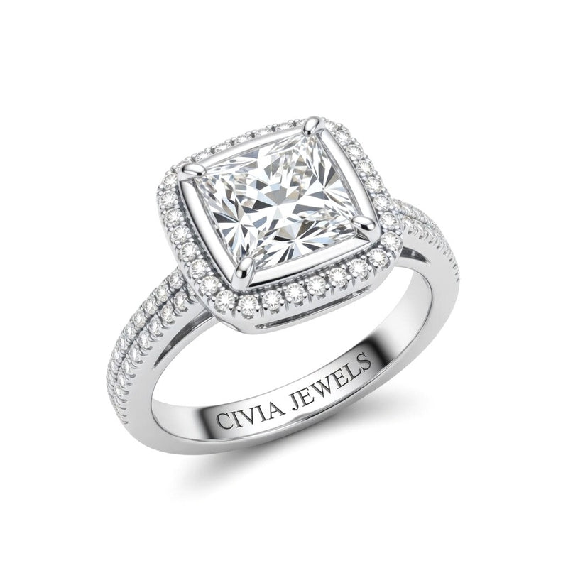 Silver Princess Cut Diamond Halo Engagement Ring With Four Prong Setting And Pavé Band