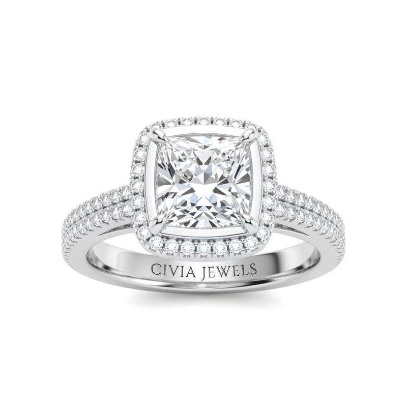 White Gold Princess Cut Diamond Halo Engagement Ring With Four Prong Setting And Pavé Band