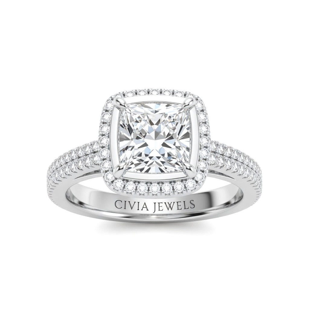 Silver Princess Cut Diamond Halo Engagement Ring With Four Prong Setting And Pavé Band