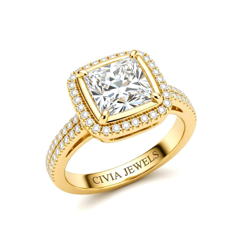 Yellow Gold Princess Cut Diamond Halo Engagement Ring With Four Prong Setting And Pavé Band