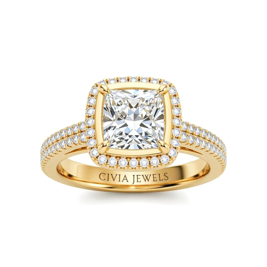 Yellow Gold Princess Cut Diamond Halo Engagement Ring With Four Prong Setting And Pavé Band