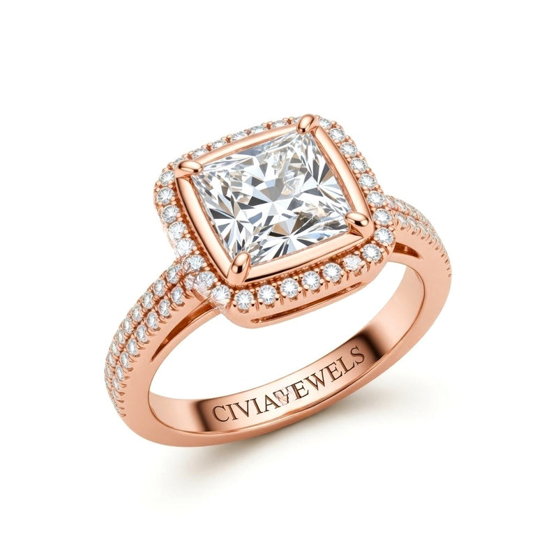 Rose Gold Princess Cut Diamond Halo Engagement Ring With Four Prong Setting And Pavé Band