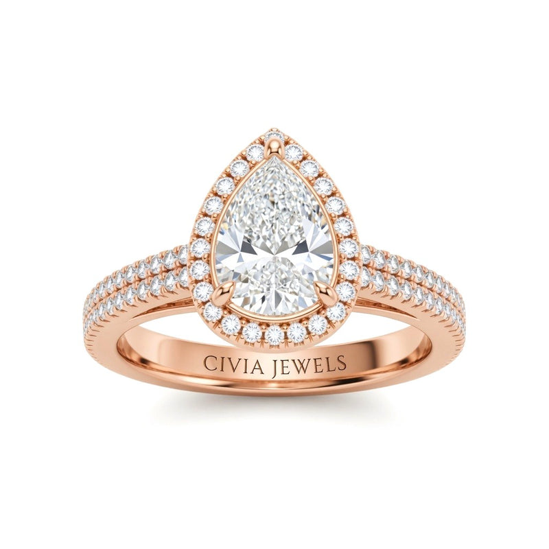 Rose Gold Pear Cut Diamond Halo Engagement Ring With Four Prong Setting And Pavé Band
