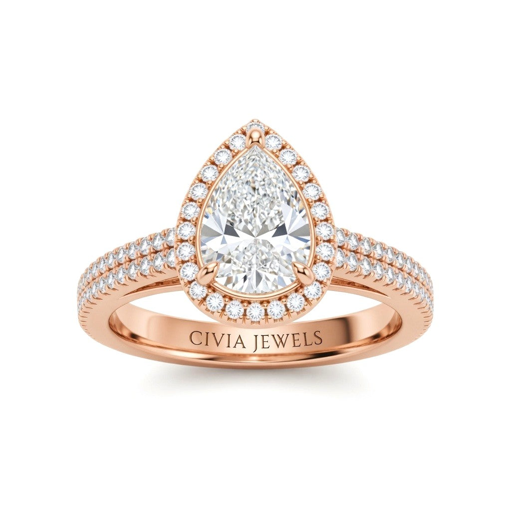 Rose Gold Pear Cut Diamond Halo Engagement Ring With Four Prong Setting And Pavé Band