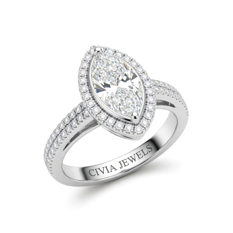 Silver Marquise Cut Diamond Halo Engagement Ring With Four Prong Setting And Pavé Band