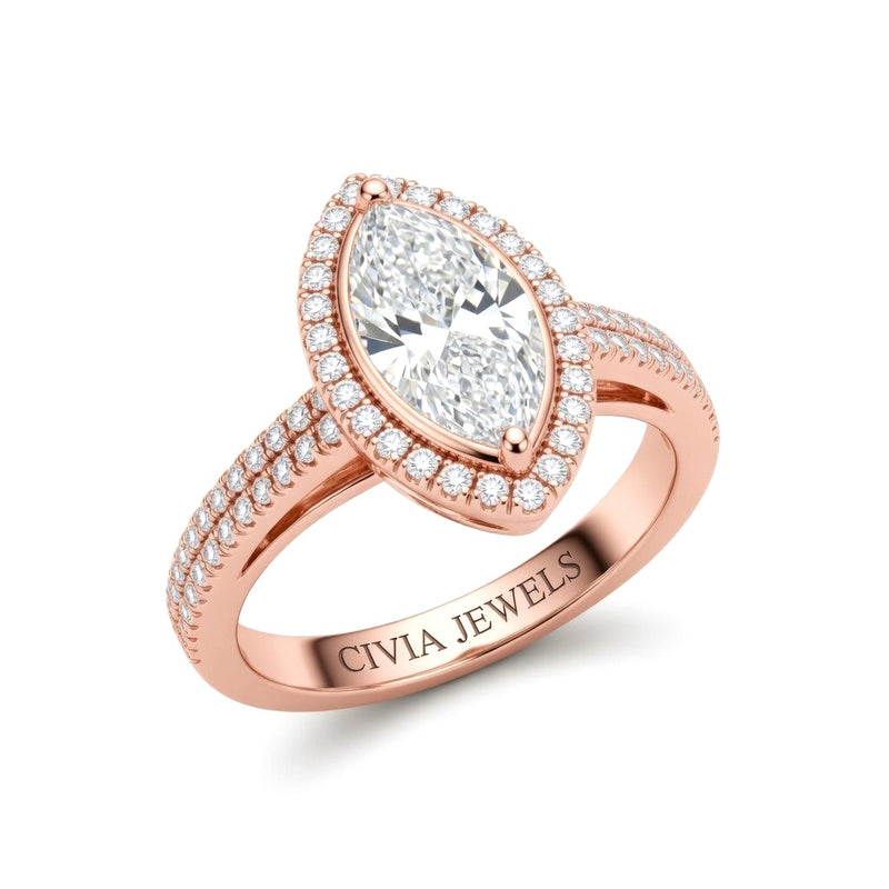 Rose Gold Marquise Cut Diamond Halo Engagement Ring With Four Prong Setting And Pavé Band