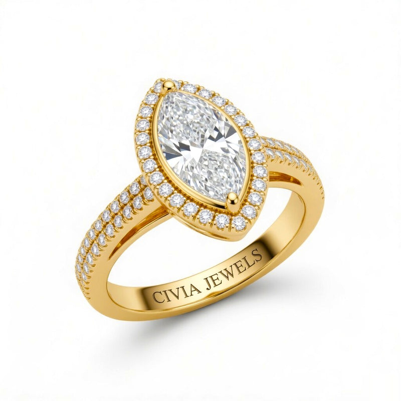 Yellow Gold Marquise Cut Diamond Halo Engagement Ring With Four Prong Setting And Pavé Band