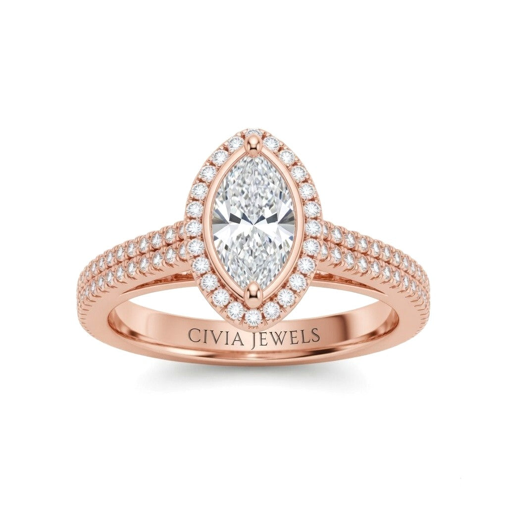 Rose Gold Marquise Cut Diamond Halo Engagement Ring With Four Prong Setting And Pavé Band