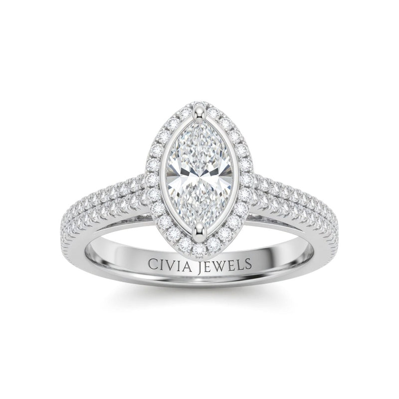 White Gold Marquise Cut Diamond Halo Engagement Ring With Four Prong Setting And Pavé Band