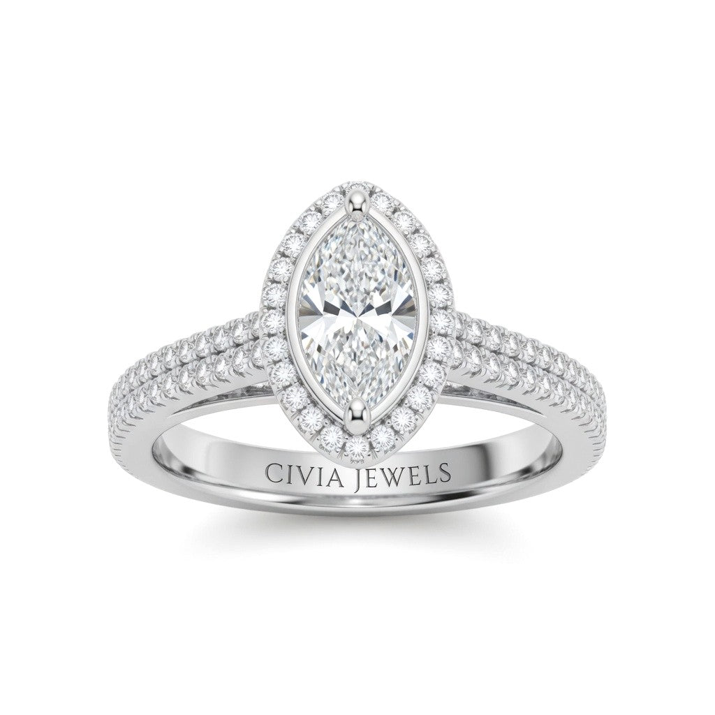 Silver Marquise Cut Diamond Halo Engagement Ring With Four Prong Setting And Pavé Band