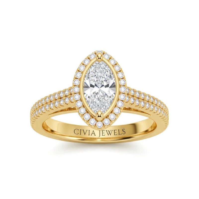 Yellow Gold Marquise Cut Diamond Halo Engagement Ring With Four Prong Setting And Pavé Band